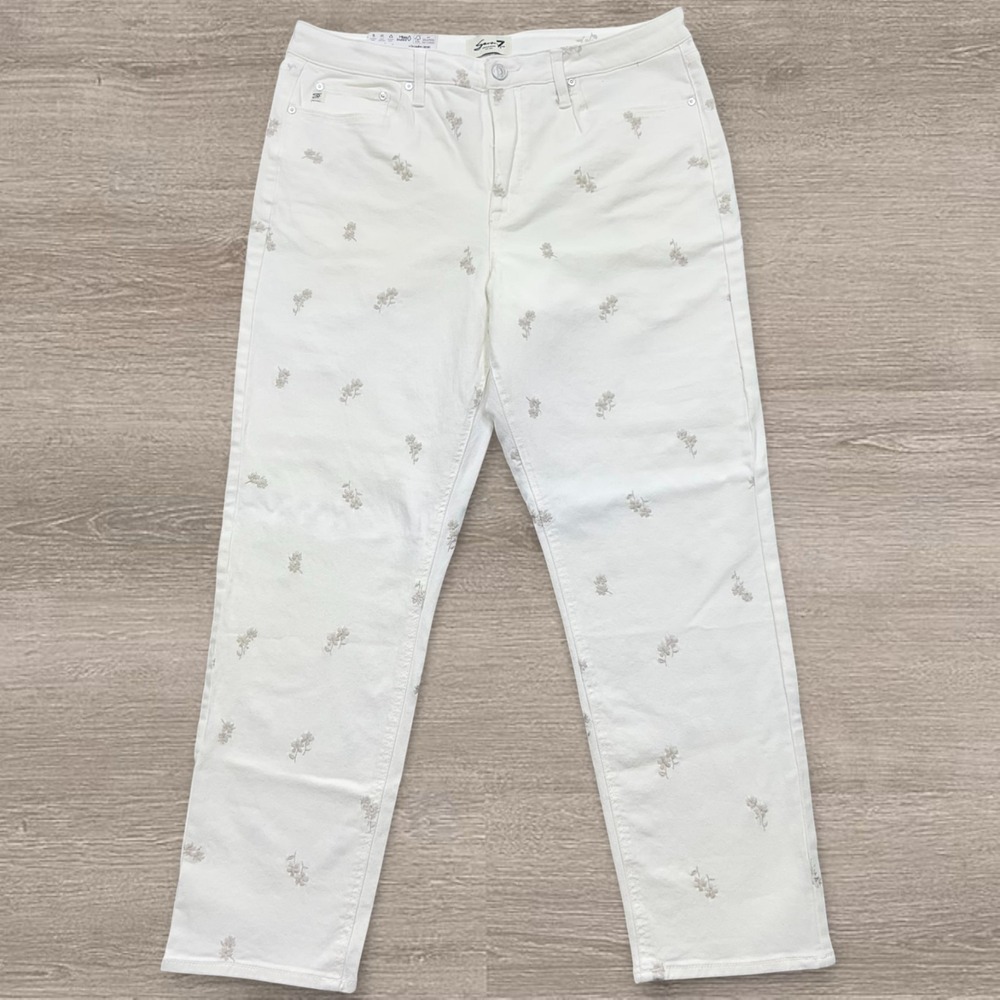 NEW Seven7 Jeans Women's 14 White 90s Straight Embroidered Floral Print Stretch